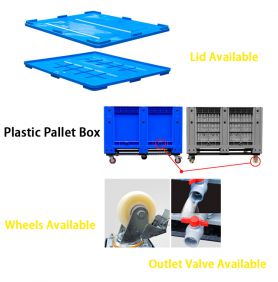 Plastic pallet box container with wheels lid valve 